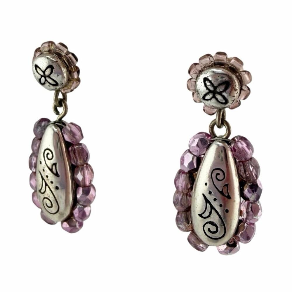 Brighton Ariel Silver Plated Lavender Beads Teardrop Dangle Drop 1" Earrings